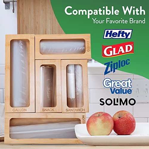  Bamboo Ziplock Bag Organizer For Drawer, Kitchen Storage Bag Organizer, 5 Separate Baggie Organizer For Drawer With Non-Slip Feet And Hanging Holes, Kitchen Organization And Storage