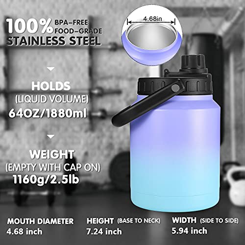 64 Oz Vacuum Insulated Water Jug,Half Gallon Stainless Steel Double Walled Water Bottle,18/8 Food-Grade Insulated Water Bottle ,Travel Drinking Water Flask-Cotton Candy