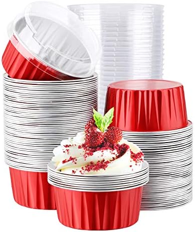  Disposable Ramekins, Gold 50pcs 5oz Mini Aluminium Foil Baking Cups With Lids Creme Brulee Cupcake Liners, Desert Cheesecake Pans Flan Molds Tin Cups Containers For Party Favor Birthday