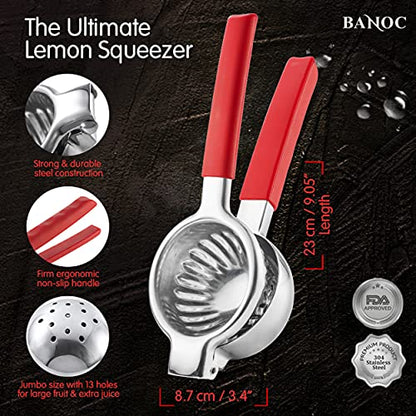  Ed Citrus Press - Stainless Steel Manual Press Heavy Duty Lime , Lemon & Citrus Squeezer – Extra-Large Lime Press For Lemons And Oranges - Gift Of Lemon Zest Grater Included (Red)