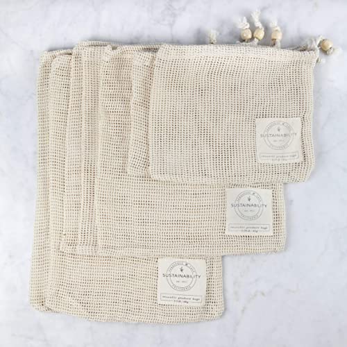  Reusable Produce Bags Organic Cotton | Home Essentials Sustainable Living, Washable Laundry, Travel Organizer, Zero Waste Biodegradable Drawstring Vegetable Mesh Grocery Bag | Set Of 7 W/Tare Weights