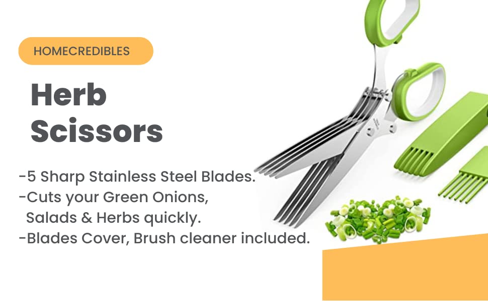  Erb Scissors With 5 Blades And Cover - 2023 Updated Sharp Multi-Blade Stainless Steel Herb Shears For Kitchen; Kale And Herb Stripper With Herb Savor Pod Fringe Scissors By HOMECREDIBLES
