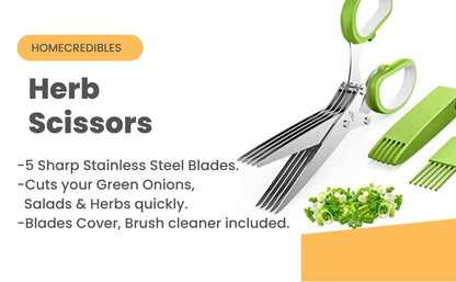  Erb Scissors With 5 Blades And Cover - 2023 Updated Sharp Multi-Blade Stainless Steel Herb Shears For Kitchen; Kale And Herb Stripper With Herb Savor Pod Fringe Scissors By HOMECREDIBLES