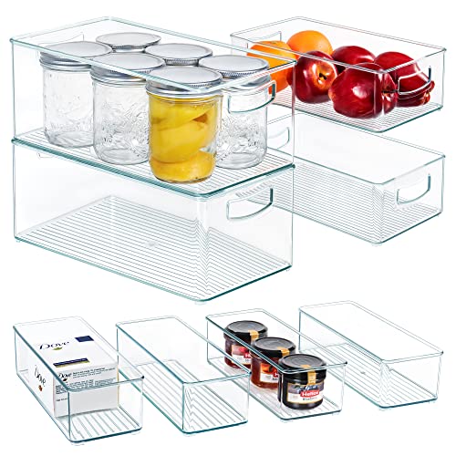  8 PACK Stackable Pantry Organizer Bins (3 Sizes) - Clear Fridge Organizers For Kitchen, Freezer, Countertops, Cabinets - Plastic Food Storage Container With Handles For Home And Office