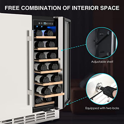  Wine And Beverage Refrigerator, 24 Inch Dual Zone Wine Fridge With Safety Locks, Under Counter Wine Cooler Beer Fridge Built-In Or Freestanding, Holds 20 Bottles And 57 Cans (Glass Door & Foam Door)
