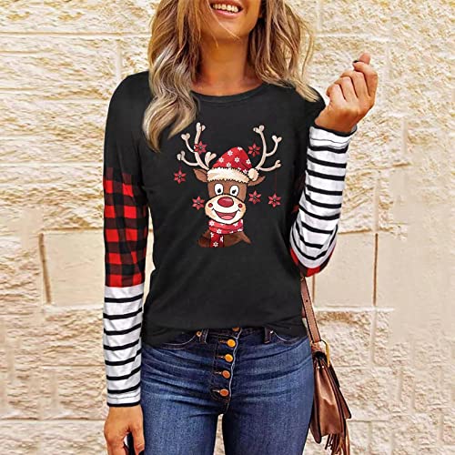  Womens Causal Loose Crewneck Cute Fashion Christmas Print Long Sleeve Sweatshirts Plus Size Pullover Top Streetwear