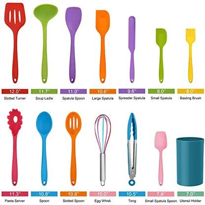  14 Pcs Cooking Utensils Set With Holder, Silicone Kitchen Cookware Utensils Set, Heat Resistant Cooking Gadget Tools Includes Spatula Spoon Turner Whisk Tong, Dishwasher Safe, Colorful