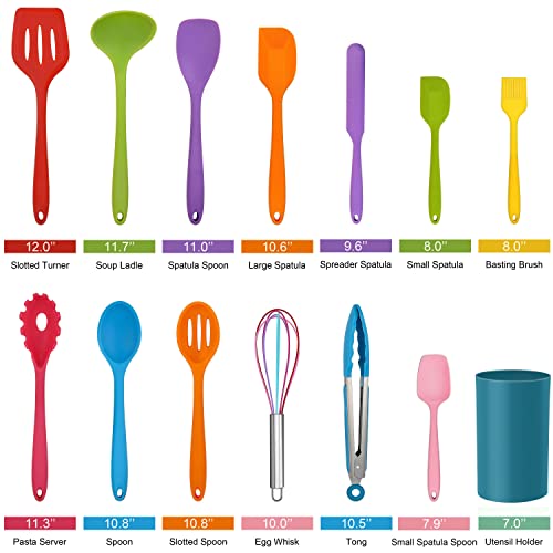  14 Pcs Cooking Utensils Set With Holder, Silicone Kitchen Cookware Utensils Set, Heat Resistant Cooking Gadget Tools Includes Spatula Spoon Turner Whisk Tong, Dishwasher Safe, Colorful