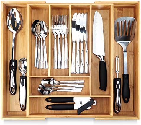  Silverware Organizer - Expandable Kitchen Drawer Organizer - Adjustable Kitchen Drawer Organizer For Utensils, Expandable To 25 Inches Wide, 10 Compartments, Silverware Tray For Drawer