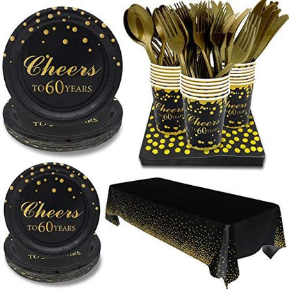  60th Birthday Party Supplies -Serves 20-142 PCS Disposable Tableware Set,Includes Table Cover,Dinner Plates,Dessert Plates,Cups,Napkins,Forks,Knives And Spoons For 60 Years Anniversary Party