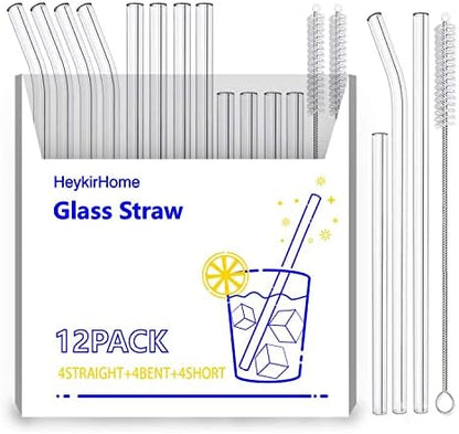  12-Pack Reusable Glass Straws,Size 8''x10 MM,Including12 Bent With 2 Cleaning Brush- Perfect For Smoothies, Tea, Juice