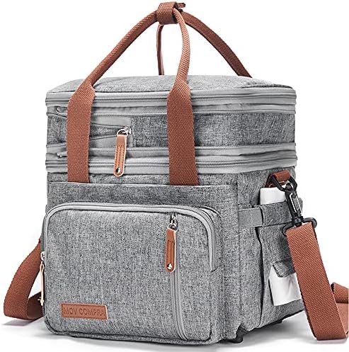  Dult Lunch Box For Work, Expandable Large Lunch Bags For Women Men, Leakproof Double Deck Lunch Box Cooler Tote Bag With Removable Shoulder Strap (Grey)