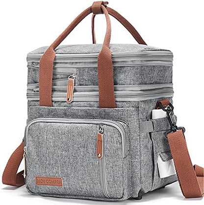  Dult Lunch Box For Work, Expandable Large Lunch Bags For Women Men, Leakproof Double Deck Lunch Box Cooler Tote Bag With Removable Shoulder Strap (Grey)