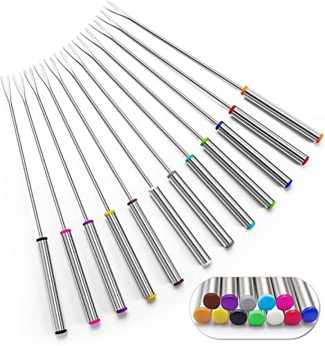  - Set Of 12 Stainless Steel Fondue Forks 9.5" - Color Coding Cheese Fondue Forks With Heat Resistant Handle For Chocolate Fountain Cheese Fondue Roast Marshmallows