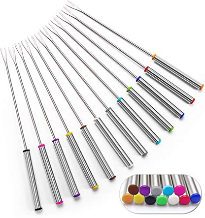  - Set Of 12 Stainless Steel Fondue Forks 9.5" - Color Coding Cheese Fondue Forks With Heat Resistant Handle For Chocolate Fountain Cheese Fondue Roast Marshmallows
