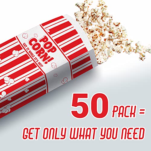  Retro, Grease Resistant Popcorn Bags 50 Pack. Single Serving 1oz Paper Sleeves In Nostalgic Red / White Design Movie Theme Party And Old Fashioned Carnivals & Fundraisers Old School Supplies