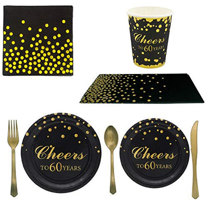  60th Birthday Party Supplies -Serves 20-142 PCS Disposable Tableware Set,Includes Table Cover,Dinner Plates,Dessert Plates,Cups,Napkins,Forks,Knives And Spoons For 60 Years Anniversary Party