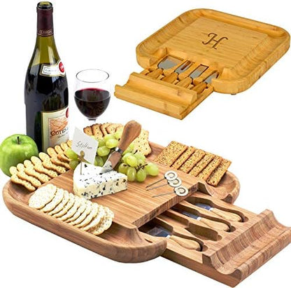  Ersonalized Monogrammed Engraved Bamboo Cutting Board For Cheese & Charcuterie With Knife Set & Cheese Markers- Designed & Quality Checked In USA