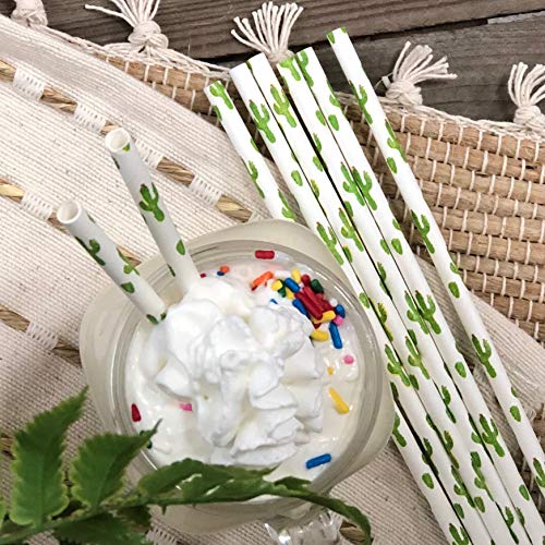  Cactus Themed Paper Straws - Green White Succulents - 100 Pack