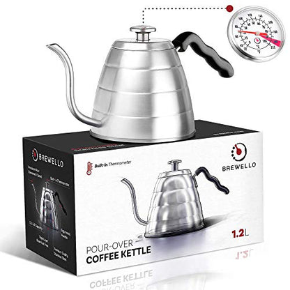  Brewello Gooseneck Kettle - Pour-Over Coffee Kettle With Built-in Thermometer And Triple-Layer Base (40-Ounce/1.2Liter) Stainless Steel Kettle For Baristas And Home Coffee Brewing Enthusiasts