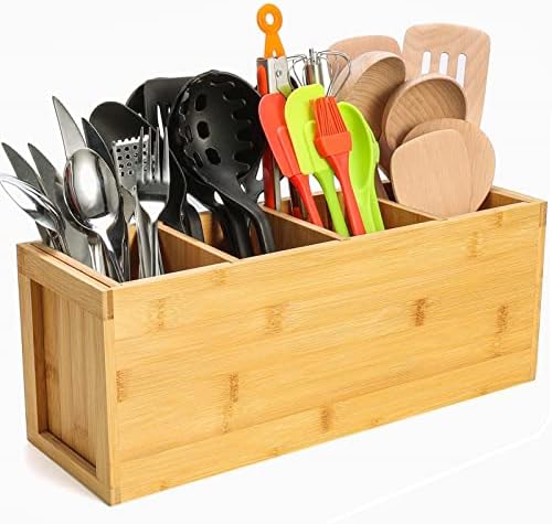  Extra Large Bamboo Utensil Holder, 4 Sections Kitchen Utensil Holder Organizer For Countertop, Cooking Utensil Caddy Farmhouse Utensils Holder Utensil Crock For Kitchen Counter