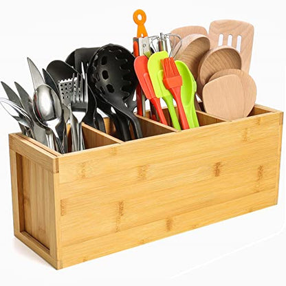  Extra Large Bamboo Utensil Holder, 4 Sections Kitchen Utensil Holder Organizer For Countertop, Cooking Utensil Caddy Farmhouse Utensils Holder Utensil Crock For Kitchen Counter