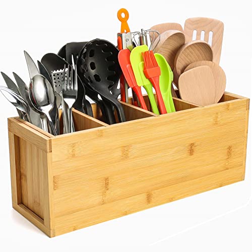  Extra Large Bamboo Utensil Holder, 4 Sections Kitchen Utensil Holder Organizer For Countertop, Cooking Utensil Caddy Farmhouse Utensils Holder Utensil Crock For Kitchen Counter