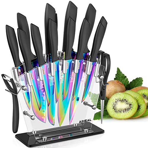  Knife Set, 16 Pieces High Carbon Stainless Steel Rainbow Color Kitchen Knife Set, Titanium Coating Blade, No Rust And Super Sharp Cutlery Knife Set With Acrylic Stand And Kitchen Scissors, Gift
