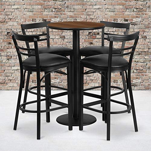 Jamie 24'' Round Walnut Laminate Table Set With Round Base And 4 Two-Slat Ladder Back Metal Barstools - Black Vinyl Seat