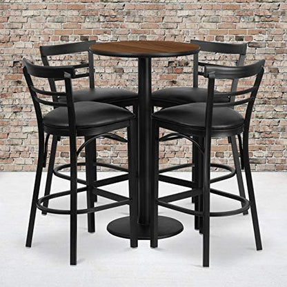  Jamie 24'' Round Walnut Laminate Table Set With Round Base And 4 Two-Slat Ladder Back Metal Barstools - Black Vinyl Seat