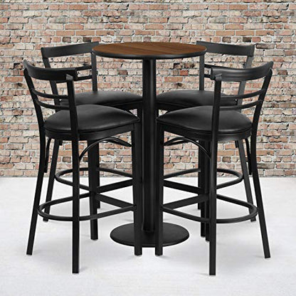  Jamie 24'' Round Walnut Laminate Table Set With Round Base And 4 Two-Slat Ladder Back Metal Barstools - Black Vinyl Seat