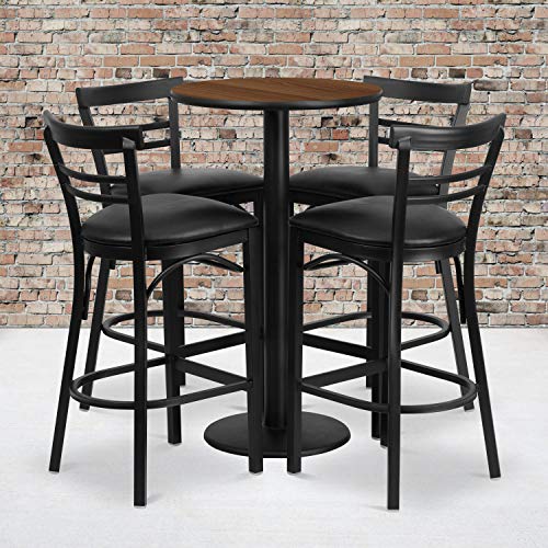  Jamie 24'' Round Walnut Laminate Table Set With Round Base And 4 Two-Slat Ladder Back Metal Barstools - Black Vinyl Seat