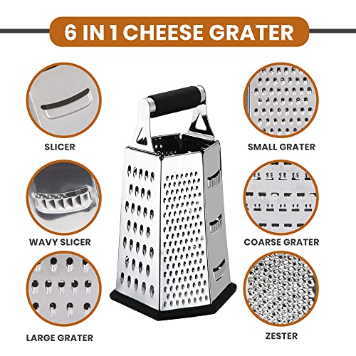  Utopia Kitchen - Cheese Grater & Shredder - Stainless Steel - 6 Sided Box Grater - Large Grating Surface With 6 Razor Sharp Blades - Non Slippery Rubber Bottom - Perfect To Slice, Grate, Shred & Zest Fruits, Vegetables, Cheeses & Many More! (Black)