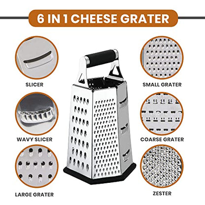 Utopia Kitchen - Cheese Grater & Shredder - Stainless Steel - 6 Sided Box Grater - Large Grating Surface With 6 Razor Sharp Blades - Non Slippery Rubber Bottom - Perfect To Slice, Grate, Shred & Zest Fruits, Vegetables, Cheeses & Many More! (Black)