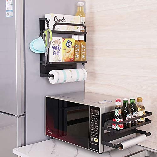  PENGKE Spice Rack Organizer 2 Tier Refrigerator Storage Shelf With Paper Towel Holder And Removable Hooks,Strong Rustproof,Black