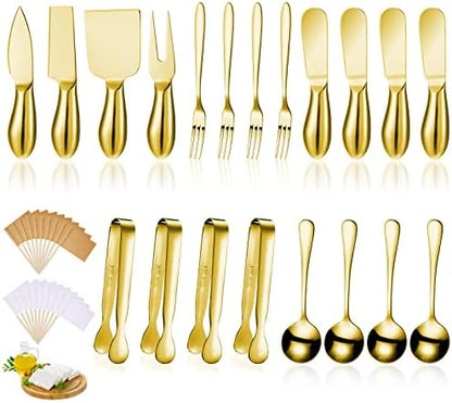  Charcuterie Board Accessories Cheese Spreader Knife Set Cheese Butter Knife Stainless Steel Mini Serving Tongs Spoons Appetizer Forks For Pastry Christmas (Silver, 20 Pieces)