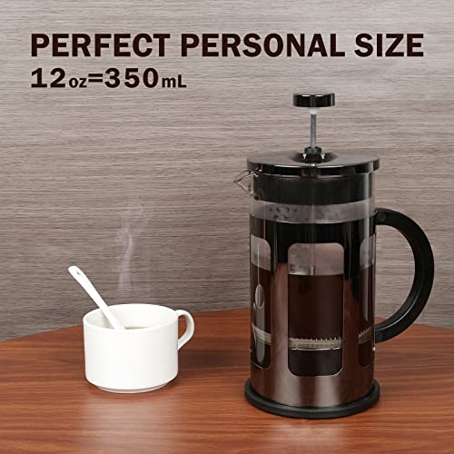  French Press Coffee Maker 12 Ounce Stainless Steel With Borosilicate Glass Heat Resistant 4 Level Filtration System For Brew Coffee & Tea Dishwasher Safe 350ml (12oz, Stainless Black)