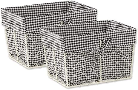  Farmhouse Chicken Wire Storage Baskets With Liner, Medium, Antique French Blue Gingham Check, 11x7.88x7", 2 Piece