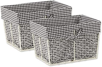  Farmhouse Chicken Wire Storage Baskets With Liner, Medium, Antique French Blue Gingham Check, 11x7.88x7", 2 Piece