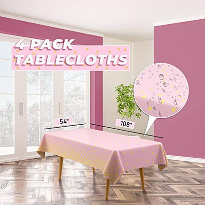  Pink Paper Plates And Napkins Party Supplies Serves 50, 4 Pack Tablecloths, Cups, Utensil, Straws Included For Girl Baby Shower, Pincess Theme Party, Birthday, Wedding, Total 354 PCS