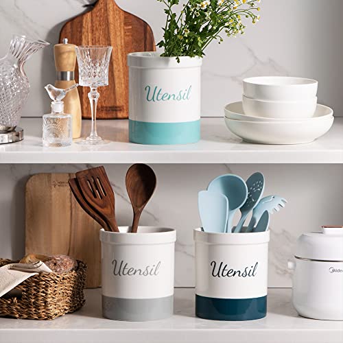  Kitchen Utensil Holder, 7.2" Ceramic Utensil Crock For Cooking Countertop, Housewarming, Wedding, Birthday Gift (Gray)