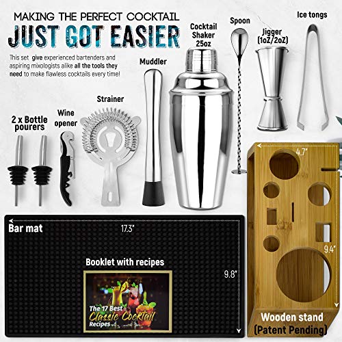  Cocktail Shaker Set Bartender Kit With Stand And Bar Mat | Essential Bar Accessories And Barware For The Home Bar Kit I Mixology Bartending Kit And Drink Mixing Tools