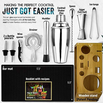  Cocktail Shaker Set Bartender Kit With Stand And Bar Mat | Essential Bar Accessories And Barware For The Home Bar Kit I Mixology Bartending Kit And Drink Mixing Tools