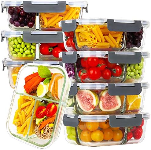  8 Pack Glass Meal Prep Containers 3 Compartment, Glass Food Storage Containers With Lids, Airtight Glass Lunch Bento Boxes, BPA-Free & Leak Proof (8 Lids & 8 Containers) - Grey