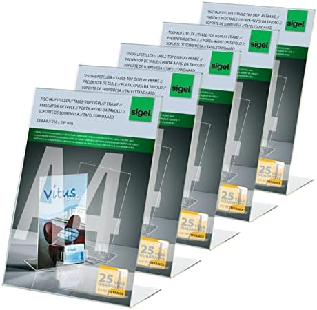 Sigel IGEL TA230 Sign Holder, Slanted, For A4, With Business Card Compartment, Acrylic, Transparent, 5 Pcs.