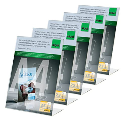 Sigel IGEL TA230 Sign Holder, Slanted, For A4, With Business Card Compartment, Acrylic, Transparent, 5 Pcs.