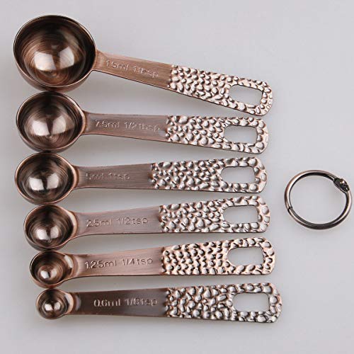 Measuring Spoons Set, Copper Measuring Spoons Set, Stainless Steel Measuring Spoons, Copper Plated Measuring Spoons, 6 Measurer Spoons (Copper-6spoons+1ring)