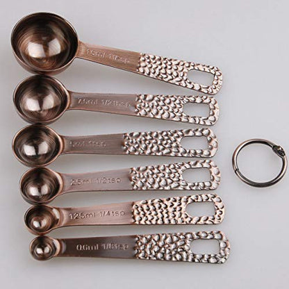  Measuring Spoons Set, Copper Measuring Spoons Set, Stainless Steel Measuring Spoons, Copper Plated Measuring Spoons, 6 Measurer Spoons (Copper-6spoons+1ring)