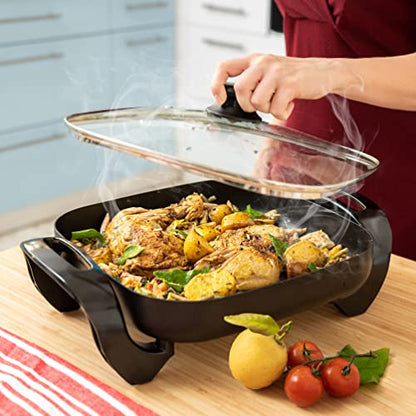  Nonstick Electric Skillet 12 Inch Aluminum Electric Fryer With 2 Layers Of Non-Stick Coating | Adjustable Temperature Control | Lid With Steam Vent & Heat-Resistant Handle