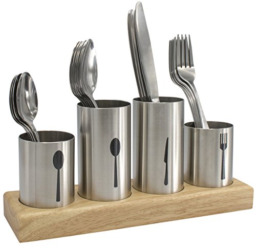  Silverware Holder With Caddy For Spoons, Knives Forks, Etc — Ideal For Kitchen, Dining, Entertaining, Buffet, Picnic, And More — Stainless Steel With Bamboo Wood Base
